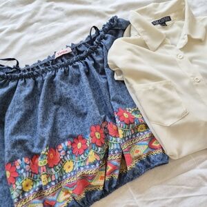 Blue Floral Off Shoulder Top and Cream Blouse Set